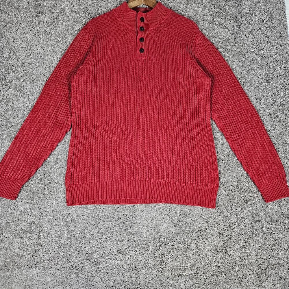 LL Bean Henley Sweater Men's Large Tall Red Ribbed Knit Rugged Cabincore Rustic